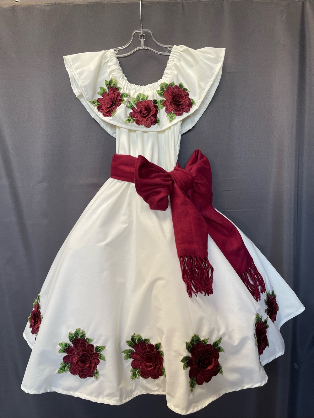 White Kids Theater Dress with Burgundy Rose Embroidery and Sash